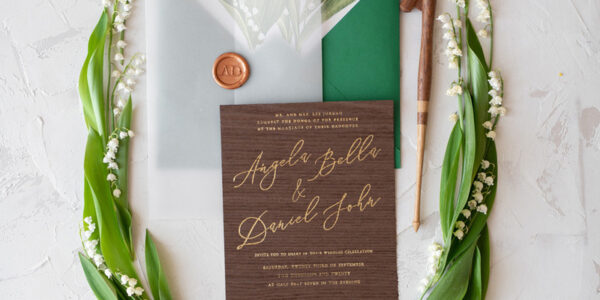 Real Wood Wedding Invitations Spring Lilly of the Valley Stationery withGolden Letters  Vellum Wraping Wax Seal Green  Envelope