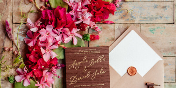 Wooden invitation with decorative font