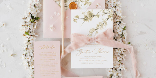 Cherry Blossom Personalized Wedding Invitations Elegant Stationery with Golden Letter Velvet silk Bow Blush Pink Envelope with Floral Liner