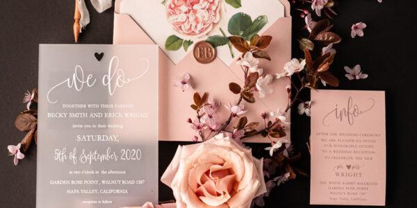 Unique transparent We Do acrylic invitations peach flowers