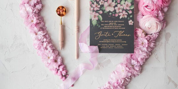 Cherry Blossom Personalized Wedding iInvitations Golden Letters Stationery with Silk Bow Blush Pink Envelope with Floral Liner