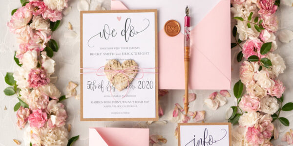 Cheap Wedding invitations Pink Minimalist Stationery We Do Romantic Suite with Wooden Heart and Twine Bow