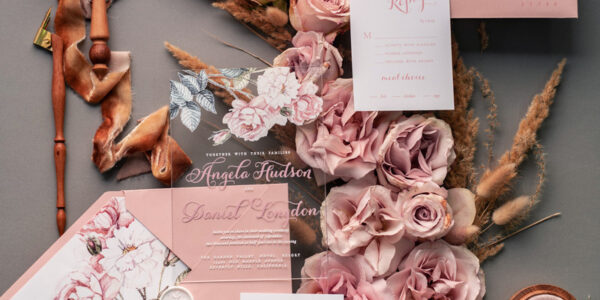 Stylish personalised wedding invitations blush romantic flowers