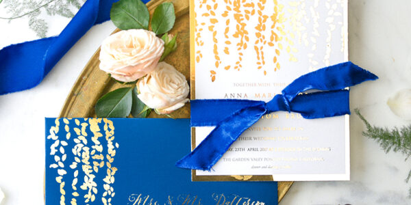 Navy Blue Gold Wedding Invitations, Luxory Golden leaves Wedding Cards, Royal Blue Wedding Invites