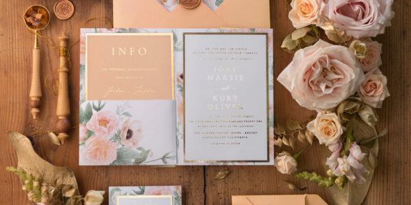 Luxury Peach Wedding Invitations,  Flowers Elegant Wedding Stationery,  Pocket Fold Peach Elegant Wedding Invitations Suite