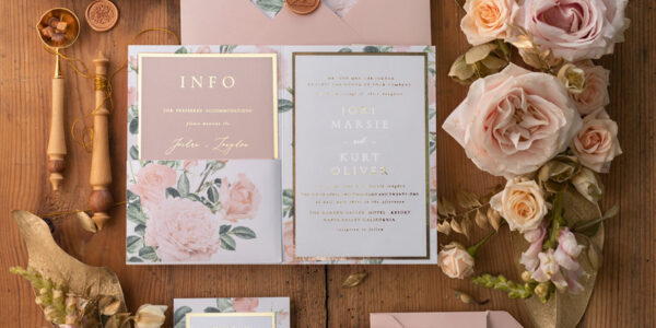 Gold Wedding Invitations, Vintage Roses Elegant Wedding Stationery,  Pocket Fold Pink Luxury Wedding Invitations Suite