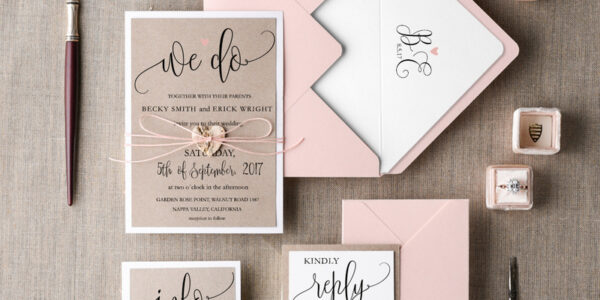 Cheap Rustic Wedding invitations Pink Minimalist Stationery We Do Romantic Suite with Wooden Heart and  Bow pink envelope