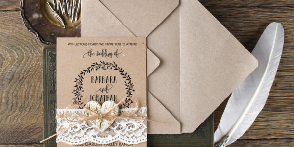 Cheap Wedding invitations Rustic Wreath Stationery Eco Craft Lace Suite with Wooden Heart and Twine Bow