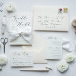 Minimalist Wedding Invitations Fine Art Stationery with Bow Ivory Paper Envelope Monogram Liner