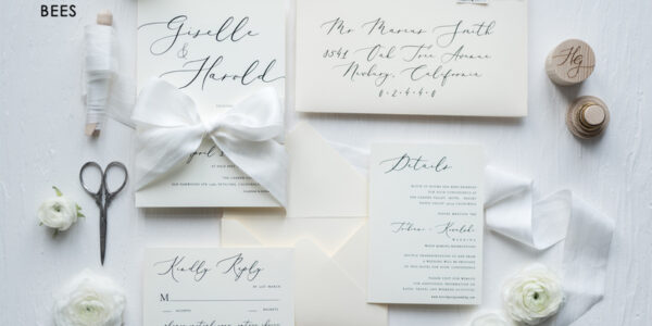 Minimalist Wedding Invitations Fine Art Stationery with Bow Ivory Paper Envelope Monogram Liner