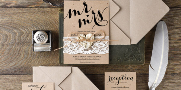 Cheap Wedding invitations Rustic Mrs and Mr  Stationery Eco Craft Lace Suite with Wooden Heart and Twine Bow