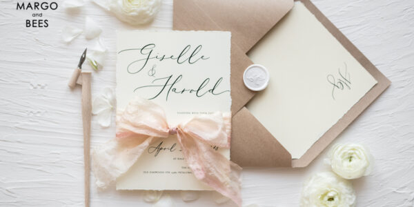 Fairytale Minimalist Wedding Invitations Fine Art Stationery with  Handmade Silk Bow Craft Envelope Monogram Liner