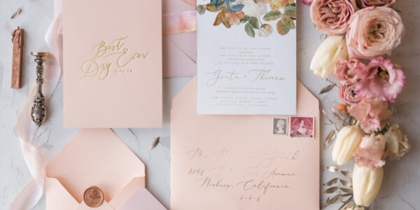 Vintage Romantic Wedding Invitations Blossom Stationery with Gold Foil Lettering Wax Seal Blush Pink or Peach Envelope