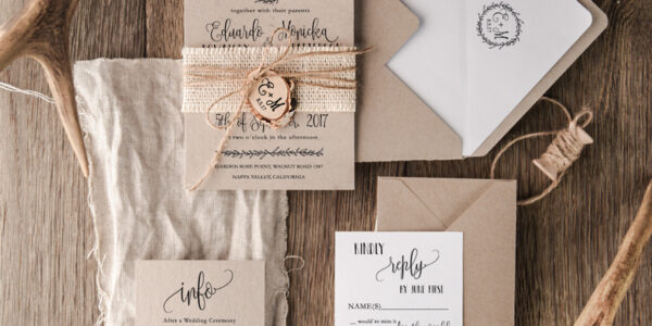 Rustic Wedding Invitations Burlap Belly Band Stationery Bespoke Suite with Wooden Slice Tag and Monogram Wreath