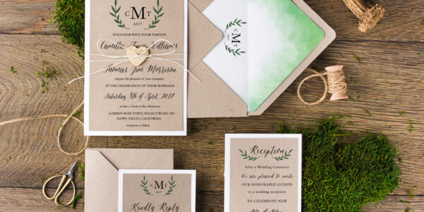 Rustic Olive Branch Wedding Invitation Suite Tuscany Personalized Invitations Craft Paper Wooden Heart Invites with Monogram Ombre Envelope Liner