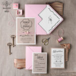 Cheap Rustic Wedding Invitation Suite Floral WreathPersonalized Invitations Craft Paper Wooden Heart Invites with Monogram Pink Envelope Liner