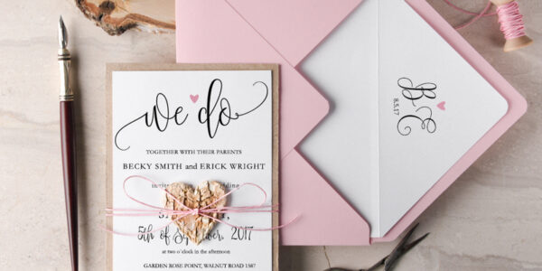 Unique Elegant Wedding Invitations Pink We Do Stationery Bespoke Suite with Wooden Heart and Blush Envelope