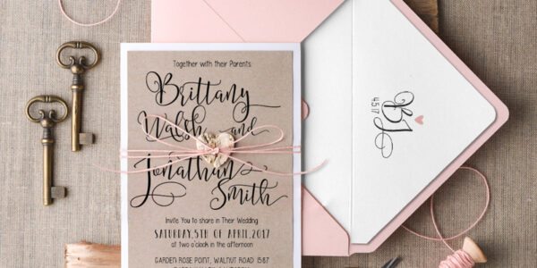 Rustic Wedding Invitation Suite Personalized Invitations Craft Paper Wooden Heart Invites with Monogram Envelope Pink Liner