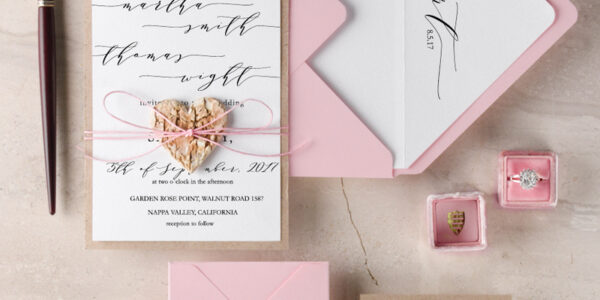 Elegant Classic  Wedding Invitations Pink Personalized Stationery Patel Pink Paper Wooden Heart Invites with Monogram Envelope Liner