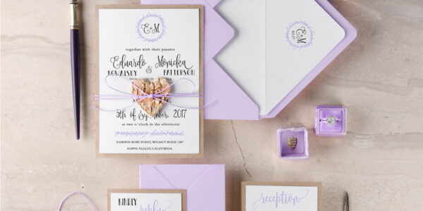 Classic Elegant Wedding Invitation Suite Floral Wreath Personalized Invitations Purple Paper Wooden Heart Invites with Monogram Envelope Liner