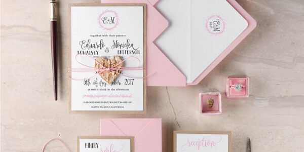 Elegant Wedding Invitations Floral Wreath Personalized Invitations Petal Pink Paper Wooden Heart Invites with Monogram Envelope Liner