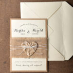 Rustic Wedding Invitations Burlap Belly Band Stationery with Handmade Envelope and Wooden Heart