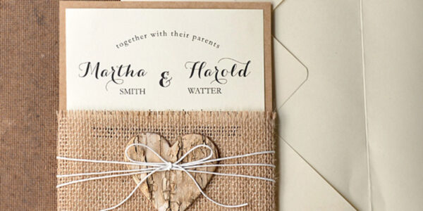 Rustic Wedding Invitations Burlap Belly Band Stationery with Handmade Envelope and Wooden Heart