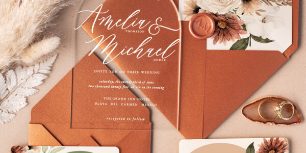 Arch Acrylic Wedding invitations online, Elegant Terracotta wedding invitation Suite • Luxury Plexi Wedding Invites • Arch Fall wedding Stationery