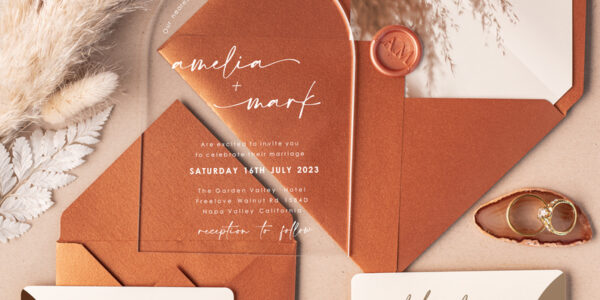 Arch Terracotta Acrylic Wedding Invitations, Fall Boho Plexi Wedding Invitation Suite, Terracotta Arch Modern Wedding Invites, Elegant  Wedding Stationery