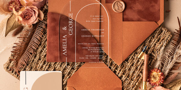 Arch Acrylic wedding invitations card, Fall elegant Velvet wedding invitations • Terracotta Romantic Wedding Invites • Velvet Copper wedding Stationery