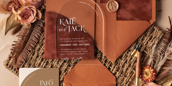 Luxury Arch Terracotta Acrylic Wedding Invitations, Velvet Pocket Modern Wedding Cards, Fall Boho Plexi Wedding Invitation Suite, Terracotta Arch Modern Wedding Invites, Elegant  Velvet Wedding Stationery