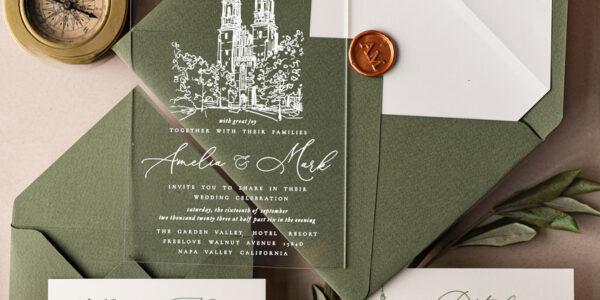 Tusany Your Venue Acrylic Wedding Invitations, Olive Italian Plexi Wedding Invitation Suite, Modern Tuscan Wedding Invites with Venue Sketch