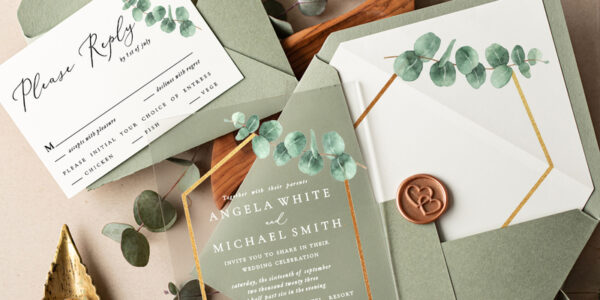 Eucalyptus Acrylic Wedding Invitations, Sage Green Italian Plexi Wedding Invitation Suite, Greenery Wedding Invites,Green Leaf Eucalyptus Wedding Stationery