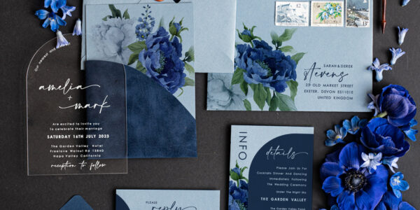 Elegant Arch Acrylic Wedding Invitations Ice blue, Velvet Pocket Navy blue Modern Wedding, Plexi Wedding Invitation Suite, Arch Navy Blue Invitation set