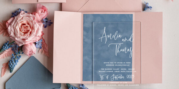 Bespoke Acrylic blush pink wedding invitation set, Glamour Velvet dasty blue Wedding Invitations, Plexi  Velvet Wedding Invitation Suite, Luxury Ice Blue Wedding Cards wax seal Copper