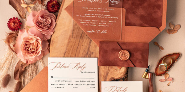 Luxury Acrylic Wedding invitations UK, Elegant Velvet wedding invitation Suite • Terracotta  Velvet Wedding Invitations • Velvet wedding Stationery