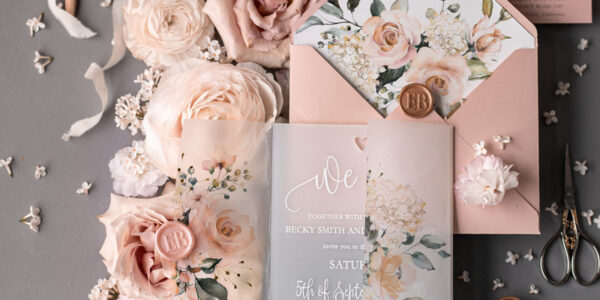 Floral wedding invitations, blush pink wedding invitations, acrylic wedding invitations, acrylic card, milky acrylic, milky acrylic wedding invitations, vellum wrapping, vellum paper, vellum envelope, flowers, blush pink wedding cards, blush pink invites, romantic wedding invitations, white lettering, heart cutout, elegant wedding invitations, blush pink, floral envelope liner, blush pink envelope, additional cards