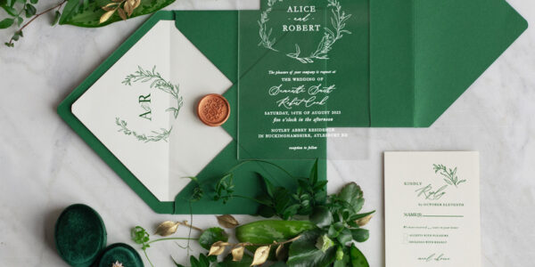 Acrylic Bespoke wedding invitations, Elegant Greenery wedding invitation suite • RomanticEmerald Green  Wedding Invitation Suite • Plexi Monstera wedding Stationery