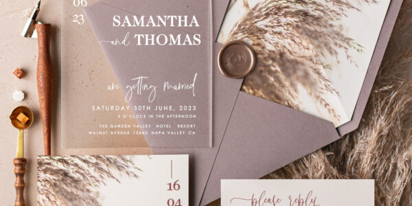 Tupe Pampas Acrylic Wedding Invitations, Modern Nude Plexi Wedding Invitation Suite, Acryl Modern Wedding Invites, Elegant Pampas  Wedding Stationery