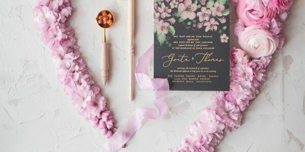 Cherry blossom wedding invitations, cherry blossom, cherry blossom drawing, hand drawn wedding invitations, black wedding invitations, black card, gold lettering, gold calligraphy, calligraphy, handmade wedding invitations, pink ribbon, pink bow, pink flowers, wedding invitations with flowers, romantic wedding invitations, floral wedding invitations, black card, floral wedding cards, floral wedding, pink sakura