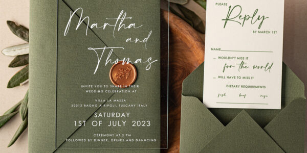 Tusany Acrylic Wedding Invitations, Olive Italian Plexi Wedding Invitation Suite, Modern Tuscan Wedding Invites