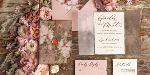 Elegant Vintage Wedding Invitations, Romantic Blush Pink Wedding Invites, Luxury Oil Paint Wedding Cards, Handmade Vellum Wedding Invitation Suite