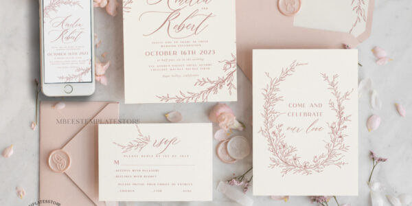 Fine Art Blush wedding Invitations Evite Set Template, Instant Download Printable Invites Home Printing, Boho Chick Invitation Set WBoho16