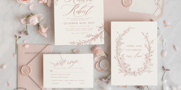 Boho Blush Pink wedding Invitations Set Template, Instant Download Printable Invites Home Printing, Simple  Wedding Invitation Card, WBoho16