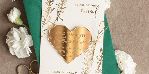 Personalised Save the Date Heart Magnet and Card, Gold Dark Green Elegant Wedding Save The Dates Acrylic Heart