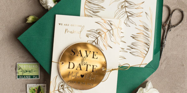 Elegant Save the Date Magnet and Card, Gold Dark Green Elegant Wedding Save The Dates Acrylic tag