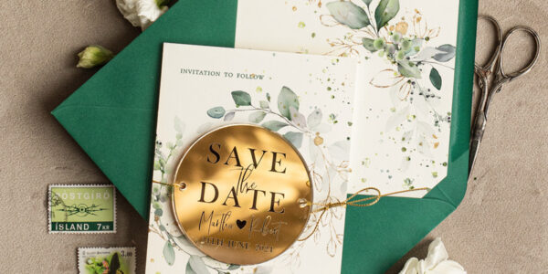 Luxury Green and Gold Save the Date Acrylic Magnet and Card, Gold Wedding Save The Dates Acrylic Magnets, Dark Green envelope Save The Date 