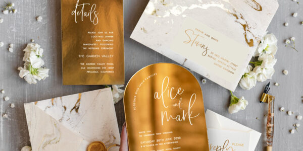 Elegant Gold Wedding invitations, Luxury Gold Acrylic wedding invitation, Golden marble Wedding Invites, Arch Glamour Wedding Invitation Suite