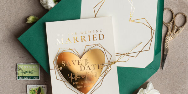 Elegant Save the Date Heart Magnet and Card, Gold Dark Green Elegant Wedding Save The Dates Acrylic Heart