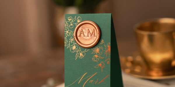 Personalized shiny gold wedding place card, copper seal wedding card